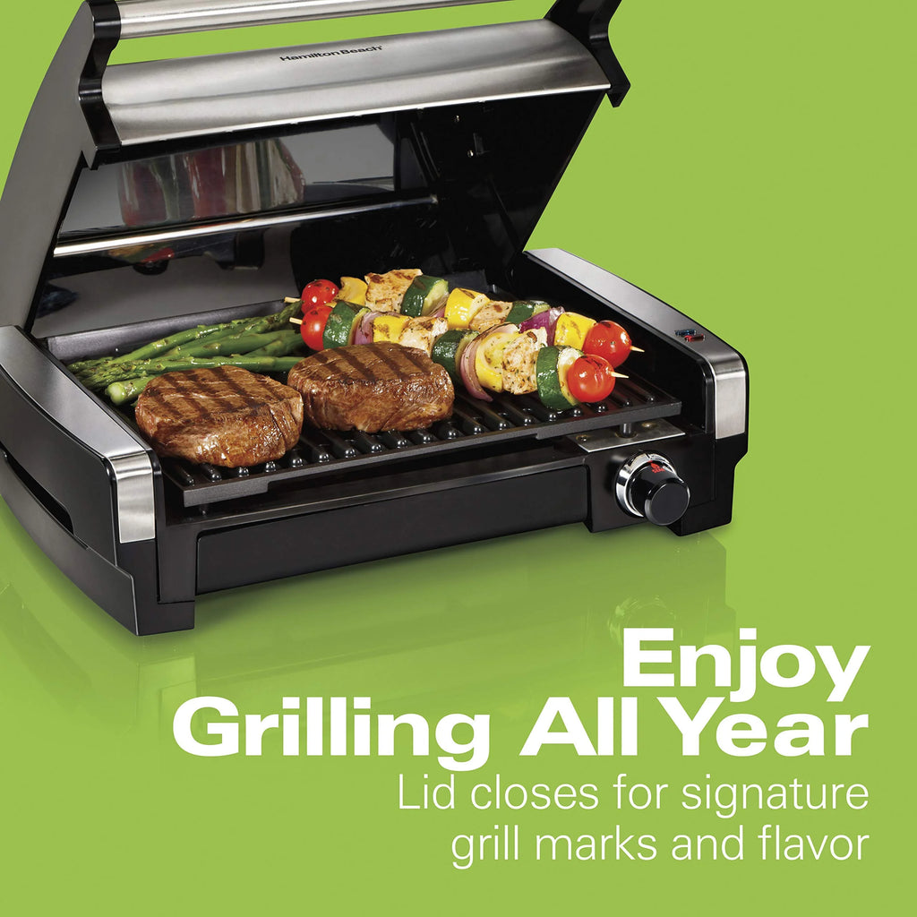 Hamilton Beach Electric Indoor Searing Grill, Adjustable Temperature, Nonstick Grate, Stainless Steel N247508