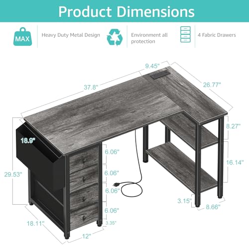 Lufeiya L Shaped Gaming Desk with Drawers & Power Outlet, Black A39519