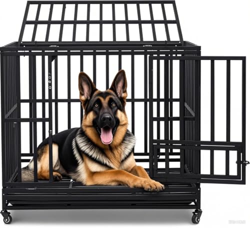 Outvita Heavy Duty Dog Crate,42" Large Metal Wire Dog Kennel, Chew Proof Dog Cage with Lockable Wheels, Plastic Try, Double Door for Medium to Large Dog Indoor