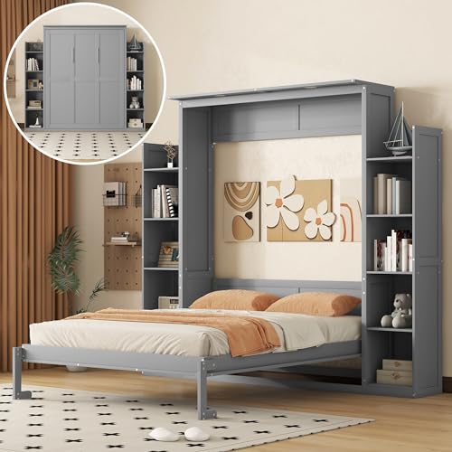 Merax Queen Size Wood Murphy Bed with LED Lights and Shelves, Grey K26344