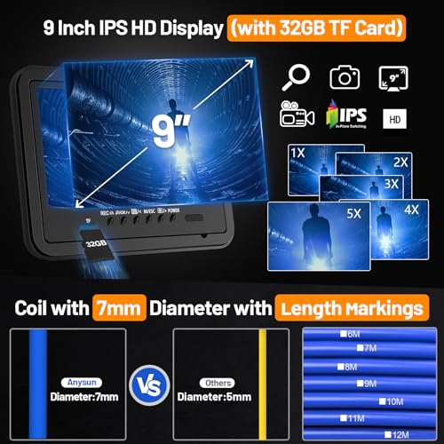 Anysun 9" HD Self-Leveling Sewer Camera 100FT with DVR Recorder V8857