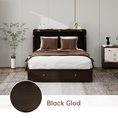 Solid Wood Murphy Bed Cabinet Full with USB Charging Ports and Storage Drawer, Ebony D190415