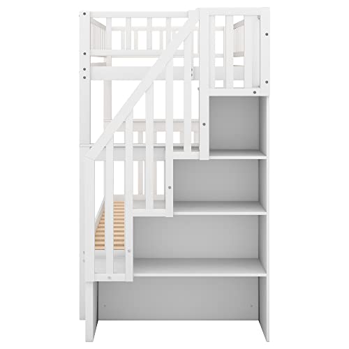 Twin-Over-Twin Bunk Bed with Trundle and Storage Staircase, Solid Wood, White I987686