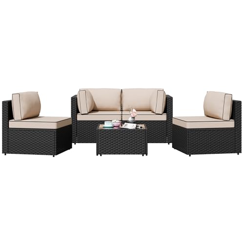 Shintenchi 5-Piece Outdoor Patio Sectional Sofa with Cushions and Glass Coffee Table, Aegean Blue U127322