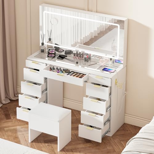 Farmhouse Vanity Desk with Lighted Mirror & Stool, 8 Shelves, 5 Drawers L80251
