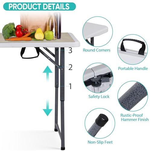 Portable 4 Foot Plastic Folding Table, Indoor Outdoor Heavy Duty with Carrying Handle, White I854764
