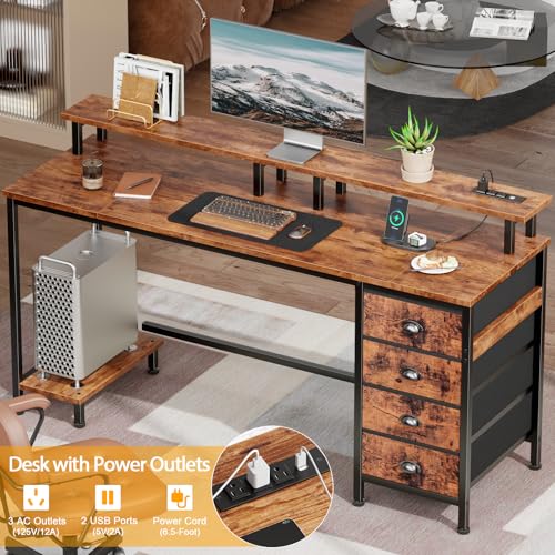Furologee 47" Computer Gaming Desk with Monitor Stand, 4 Fabric Drawers & Power Outlets, Rustic Brown U645888