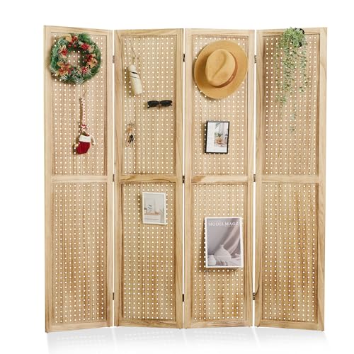 Pegboard Display 5.6Ft Wooden Room Divider Folding Privacy Screen Freestanding Wall Organizer, 4 Panels, Natural C603