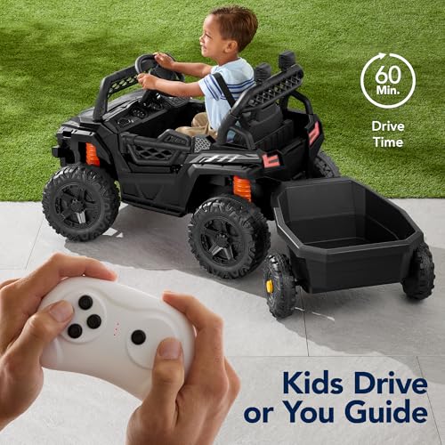 Kids 12V Electric Ride On UTV Car with Trailer, Parent Control, LED Lights, Bluetooth - Black C2735