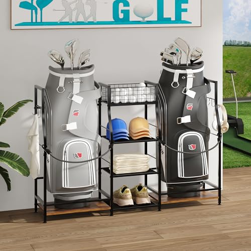 Golf Bag Storage Organizer Rack for 2 Bags, Freestanding Golf Club Holder for Garage Y100182