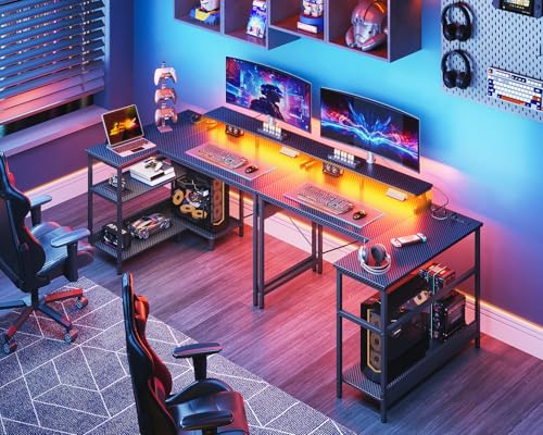 ODK 48 Inch L Shaped Gaming Desk with USB Charging Ports and LED Lights S136
