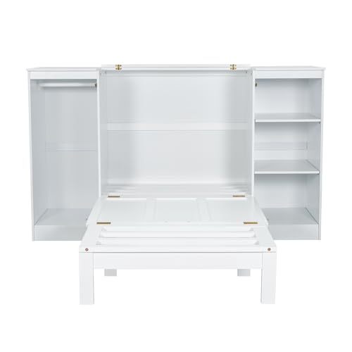 Twin Size Murphy Bed with Storage Shelves and Wardrobe, White X929