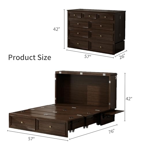 Solid Wood Murphy Bed Cabinet Full with USB Charging Ports and Storage Drawer, Ebony D190415
