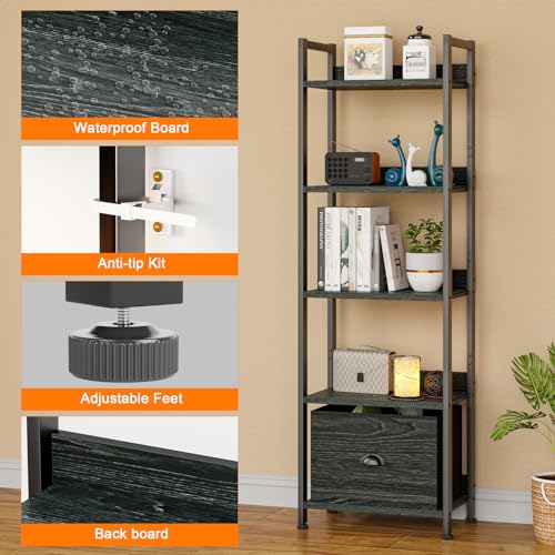 Furologee 5 Tier Bookshelf with Drawer, Industrial Tall Narrow Bookcase, Black T883828