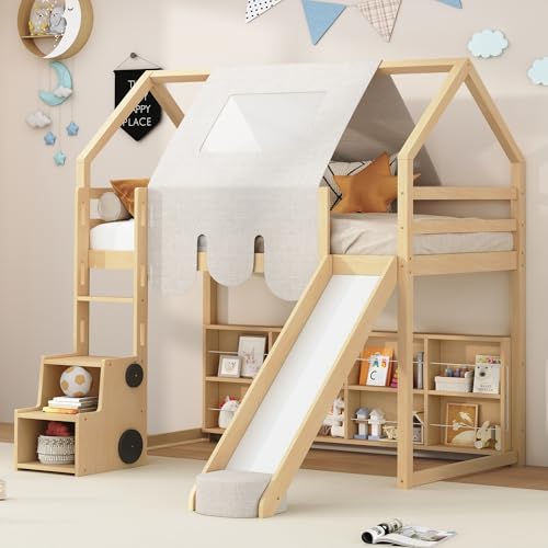 Harper & Bright Designs Kids Twin Low Loft Bed with Slide, Storage Shelves & Stairs, White/Pink C414827