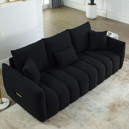 Teddy Cloud Sofa Couch, Boucle 3 Seater with 3 Pillows, Black T90422