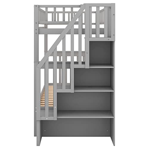 Twin-Over-Twin Bunk Bed with Trundle and Storage Staircase, Solid Wood, White I987686