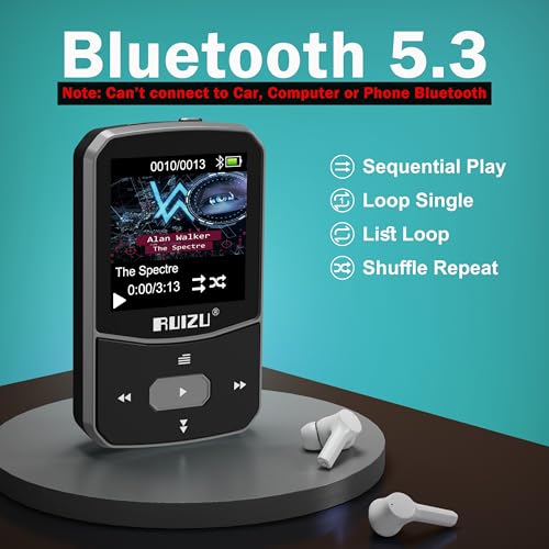 RUIZU 64GB Clip MP3 Player with Bluetooth 5.3, Red D1527