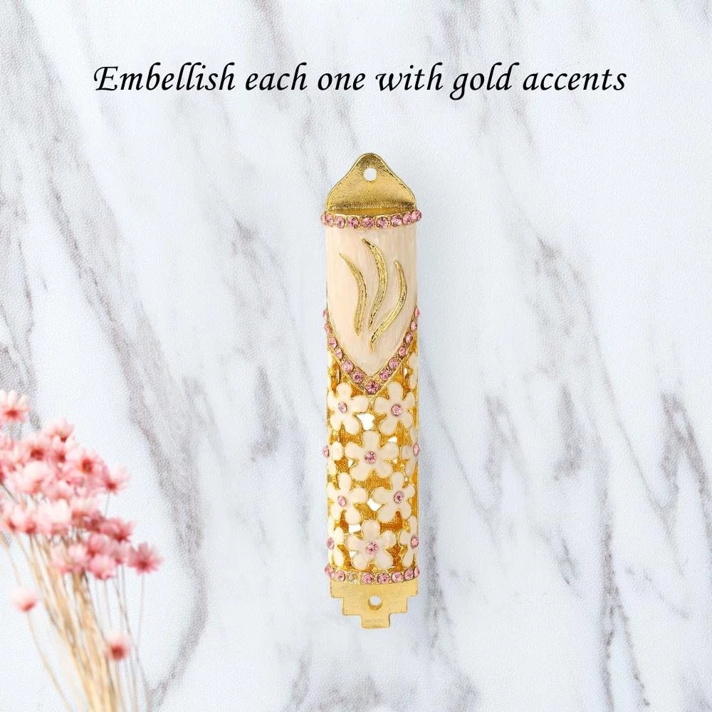 Matashi Hand Painted Enamel Mezuzah with Floral Design and Gold Accents L23446