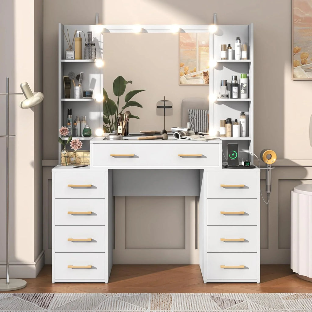 White Vanity Desk with Mirror & LED Lights, Glass Top, 43" L522