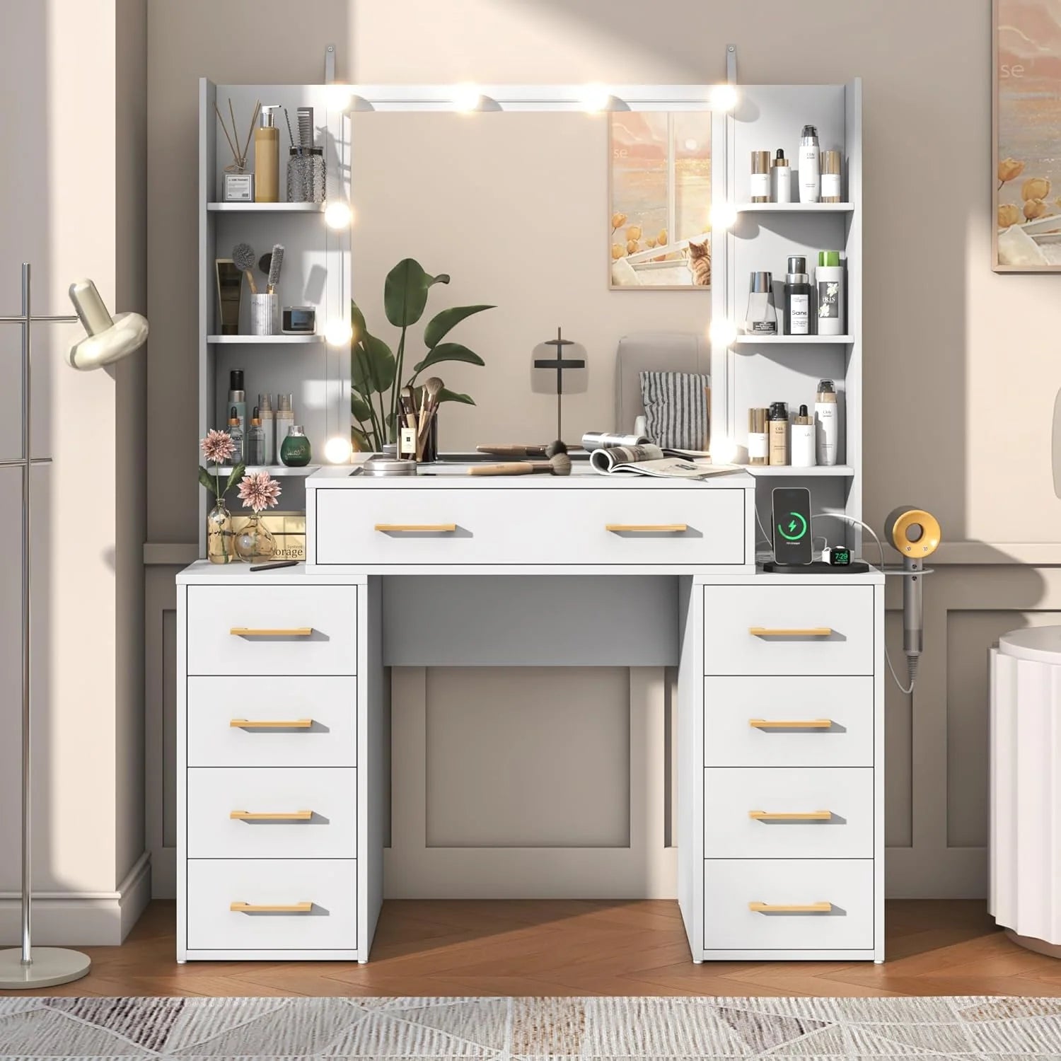 White Vanity Desk with Mirror & LED Lights, Glass Top, 43" L522