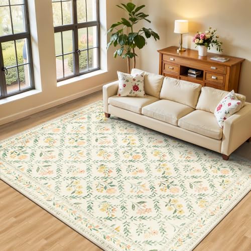 8x10 Floral Washable Area Rug for Living Room, Vintage Soft Non-Slip Carpet Z978379