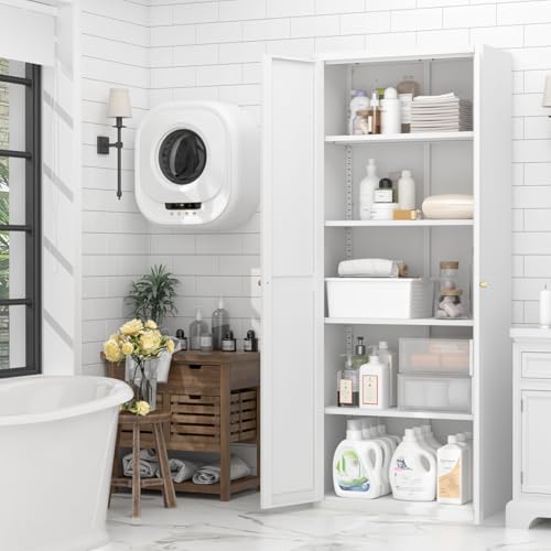 GREATMEET 65" Tall Kitchen Pantry Cabinet, White Metal Farmhouse Cupboard with Adjustable Shelves D202