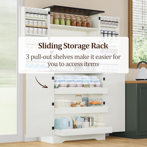 72" Farmhouse Pantry Storage Cabinet with 8 Shelves & 3 Pull-Out Racks, White X1990