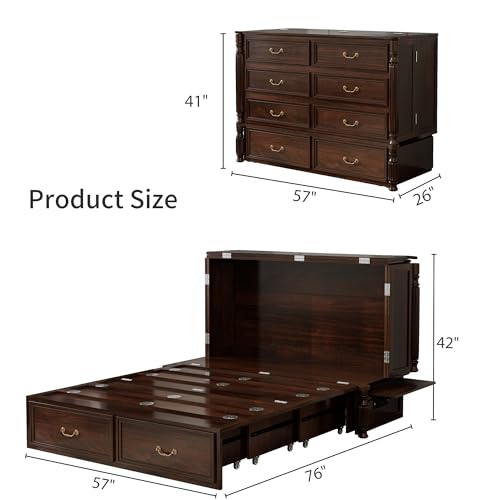 Solid Wood Murphy Bed Cabinet Full with USB Charging Ports and Storage Drawer, Ebony D190415
