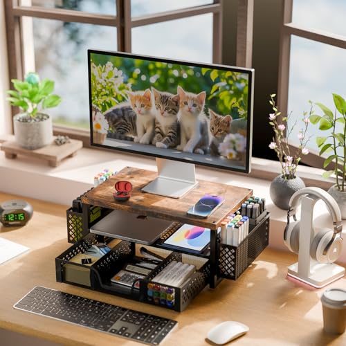 Simple Trending 2 Tier Metal Monitor Stand with Drawer and Pen Holder R17754