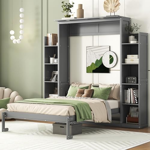 Merax Queen Size Wood Modern Murphy Bed with 2 Five-Layer Cabinet, Wall Bed with Shelves and LED Lights, Foldable Platform Bed Folded into Cabinet for Guest Room, Home and Office, Grey