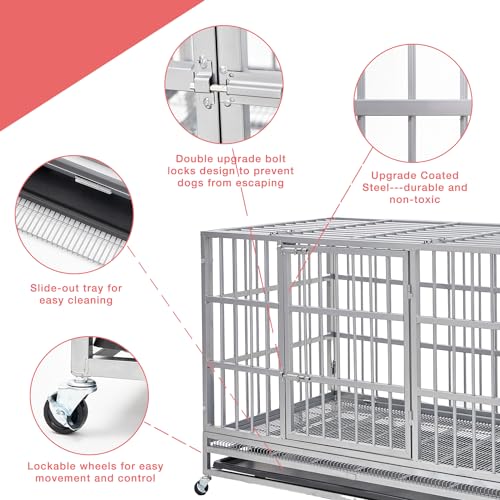48 Inch Heavy Duty Dog Crate with Wheels and Double Door A25580