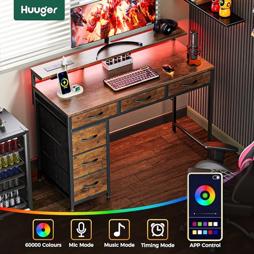 Huuger Gaming Desk with 6 Drawers, LED Lights, 47 Inch, Black N423283
