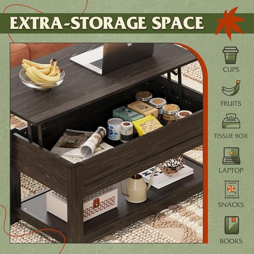 WLIVE Lift Top Coffee Table with Storage Shelf, Rustic Brown Z11463