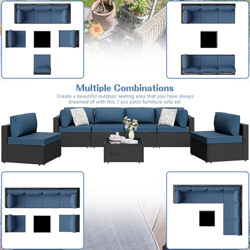 Shintenchi 5-Piece Outdoor Patio Sectional Sofa with Cushions and Glass Coffee Table, Aegean Blue U127322