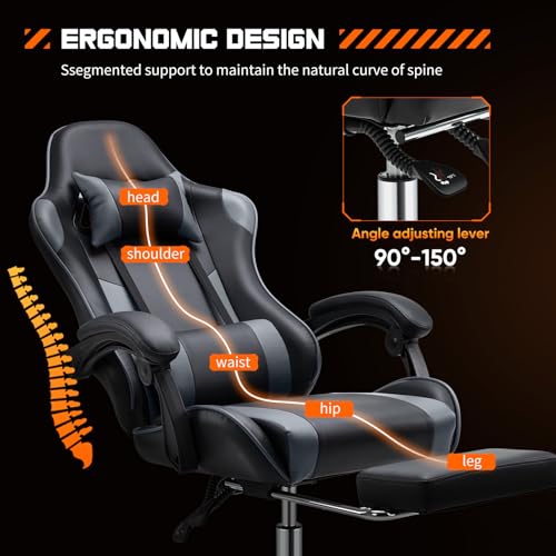 DUMOS Ergonomic Gaming Desk Chair with Footrest, Grey L104352