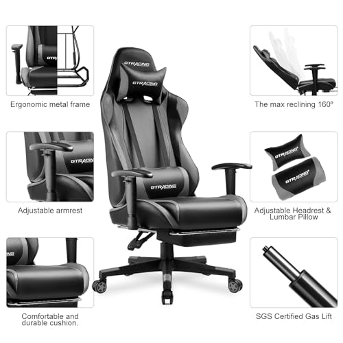 GTRACING Gaming Chair with Footrest, Ergonomic Reclining, Blue C551