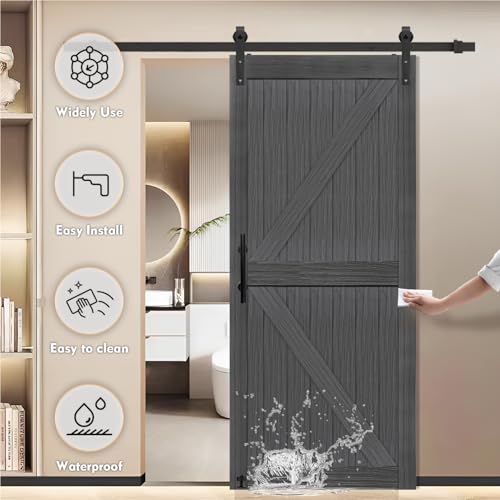 S&Z TOPHAND® 20 in x 84 in Elephant Gray British Brace Knotty Barn Door with 4FT Sliding Hardware Kit G149446