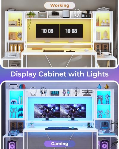 SEDETA Gaming Desk 74.8'' with LED Lights, Hutch and Storage Shelves, White W26827