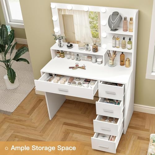 Quimoo Makeup Vanity Desk with Mirror & Lights, 5 Drawers, White Y954