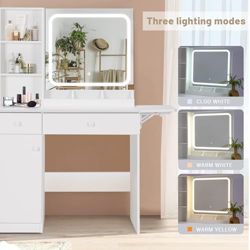 Vanity Desk with Mirror and LED Lights, Charging Station, White A6307