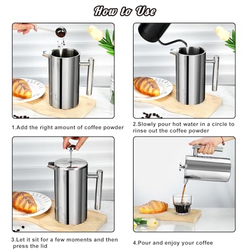 Mongdio French Press Coffee Maker, 34oz Stainless Steel, Double Wall Insulated D165191