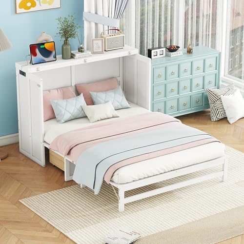 Queen Murphy Bed with Desk and Removable Shelves, USB Port, White H566492