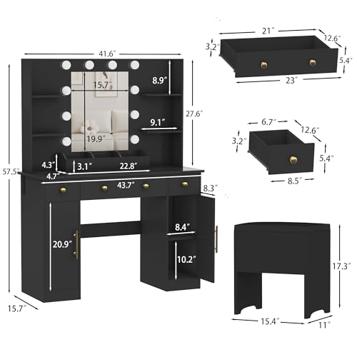 White Vanity Desk with Mirror and Lights, Charging Station and Stool Z6519