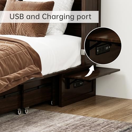 Solid Wood Murphy Bed Cabinet Full with USB Charging Ports and Storage Drawer, Ebony D190415