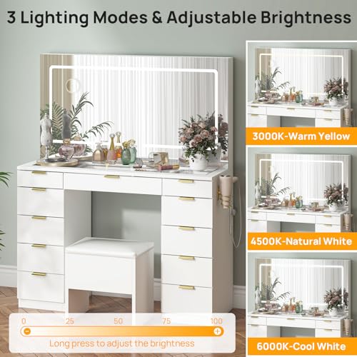 Farmhouse Vanity Desk with Lighted Mirror & Stool, 8 Shelves, 5 Drawers L80251