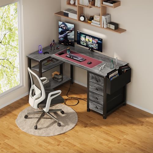 Lufeiya L Shaped Gaming Desk with Drawers & Power Outlet, Black A39519