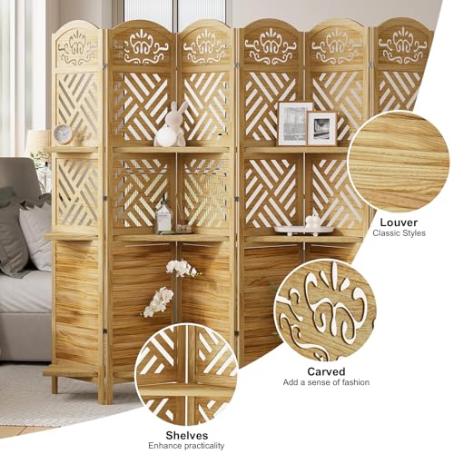 Folding Wood Room Divider with Shelves, 6 Panels, Natural K301