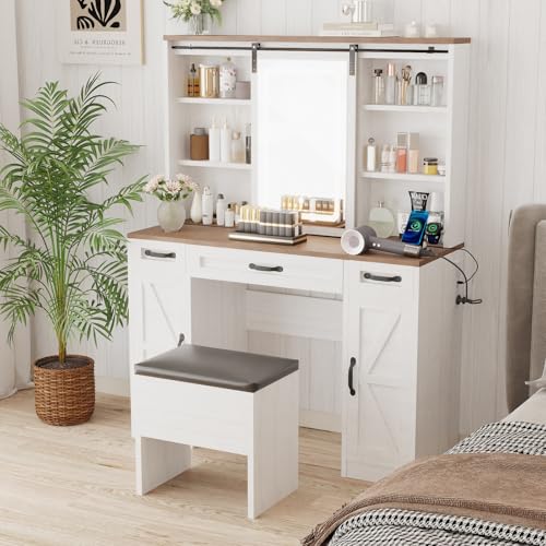 Farmhouse Vanity Desk with Lighted Mirror & Stool, 8 Shelves, 5 Drawers L80251