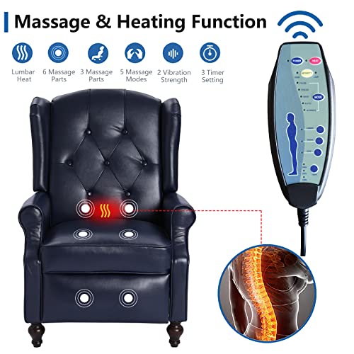 Wingback Recliner Chair with Massage and Heat, Tufted Fabric, Wooden Legs D91574